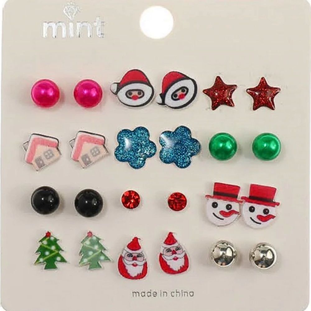 Mint Christmas 12 Pair Stud Earrings Set